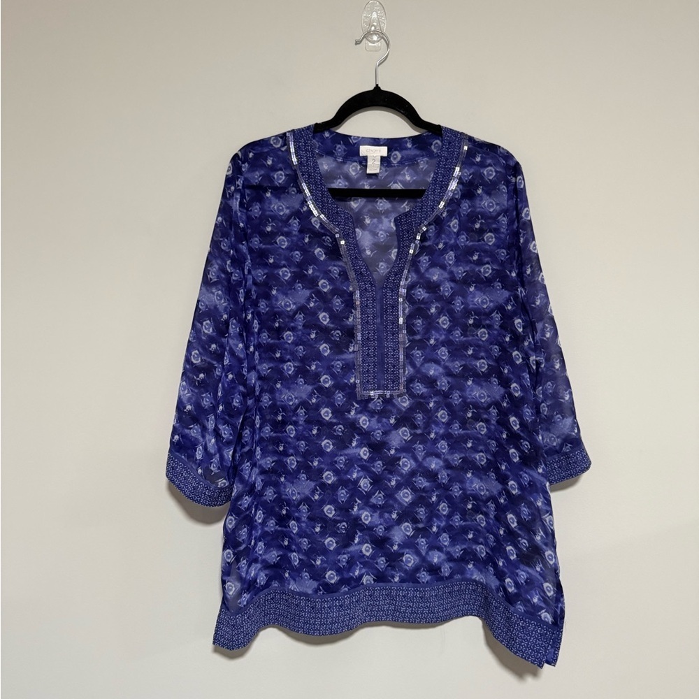 Chico’s Blue Geometric Patterned Sequin Trim Tuni… - image 1